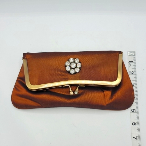 Vintage Burnt Copper Satin Fold-Over Clutch | Rhinestone Flower Details